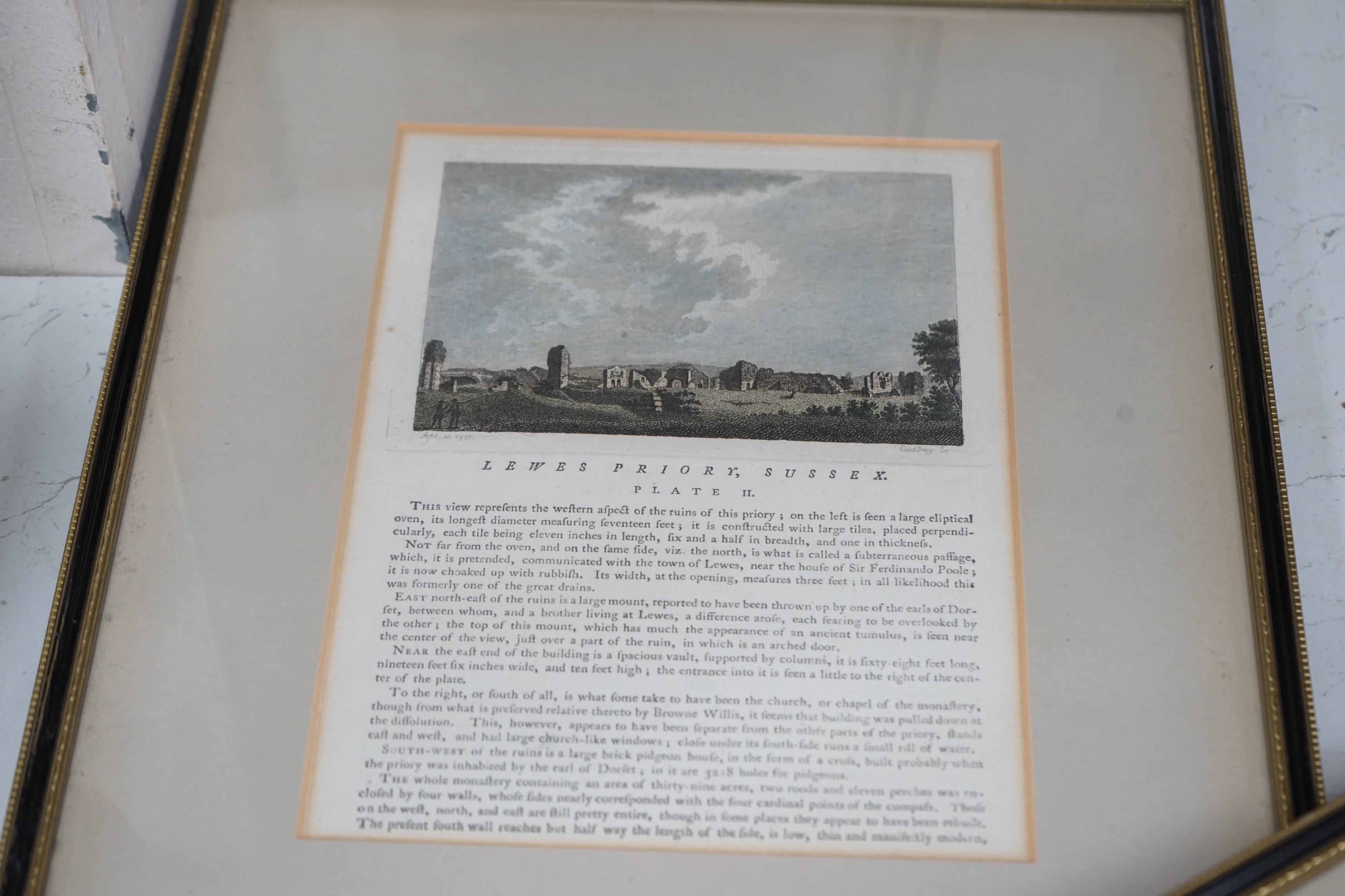 Six assorted 18th / 19th century coloured engraved views of Lewes and environs, largest 18 x 24.5cm